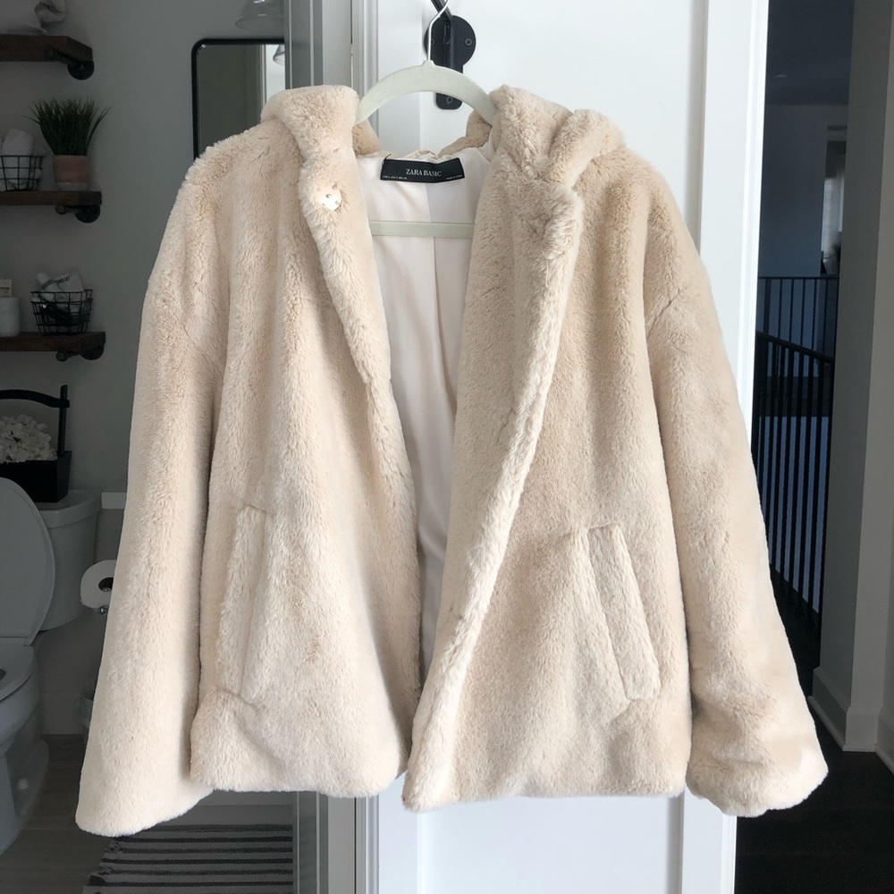 zara cream fur jacket w hood.